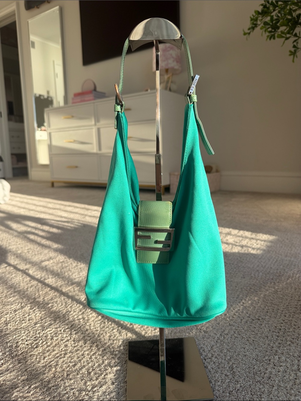 Fendi Teal Green Shoulder Bag with Signature Buckle